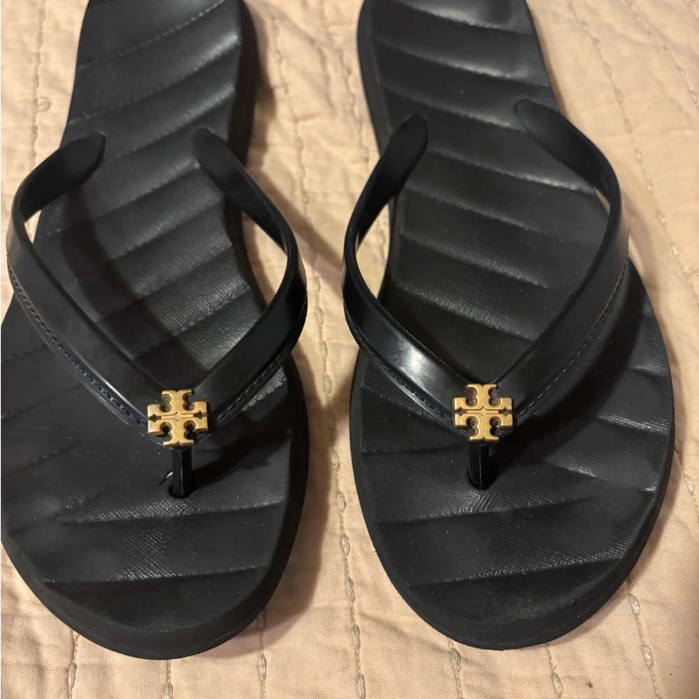 Tory Burch Black Flip Flops with Gold Logo